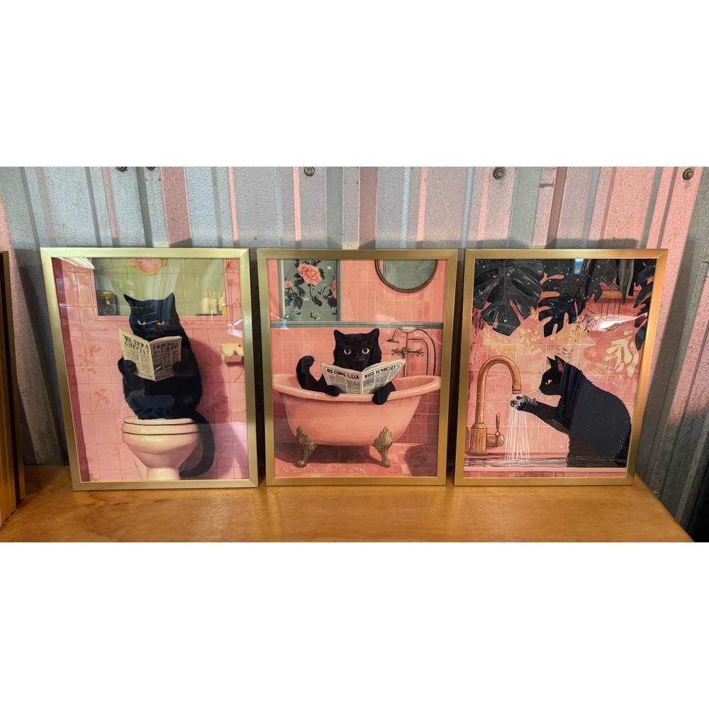 Whimsical Bathroom Wall Art Set Of 3 Pink Decor Black Cat 12x16 Gold Frames